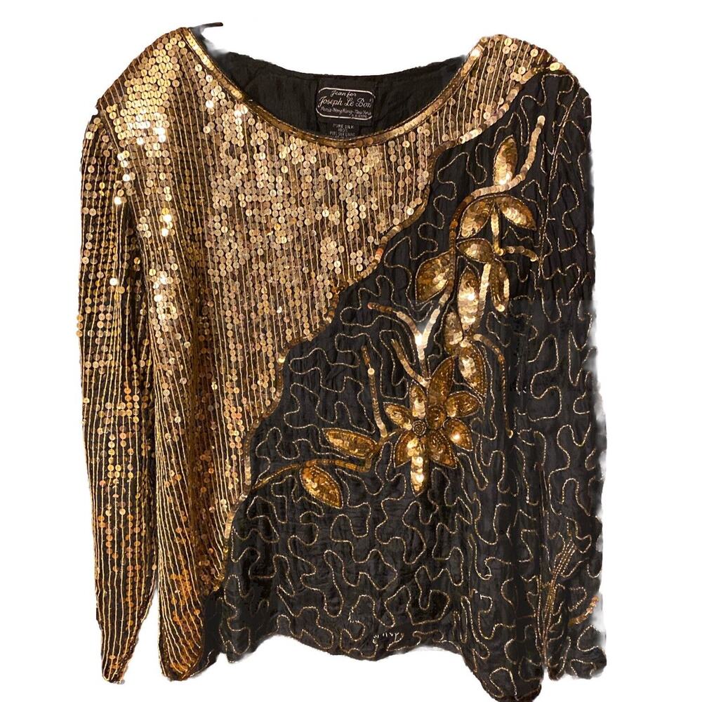 Women's Vintage Jean For JOSEPH Le BON 100% Silk Gold Black Sequined Shirt 1980s